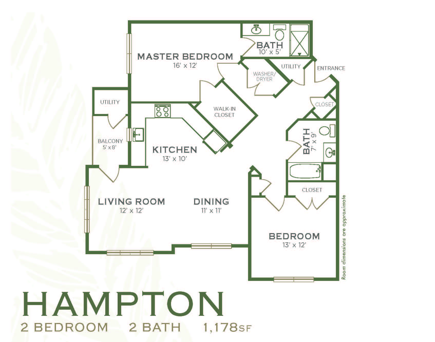 Floor plan for 2 beds, 2 baths, 1178 sqft
